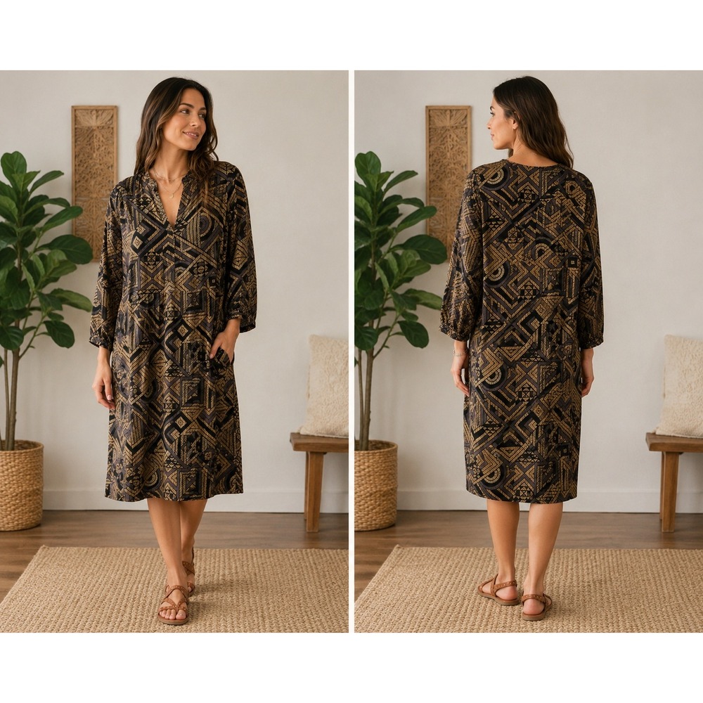 World Market Kaftan Midi Dress S M Boho Geometric Print Viscose Oversized